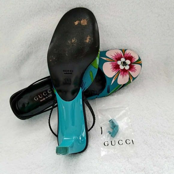 Gucci VTG Turquoise Pink Floral Slingback 39 1/2 B - Picture 7 of 8